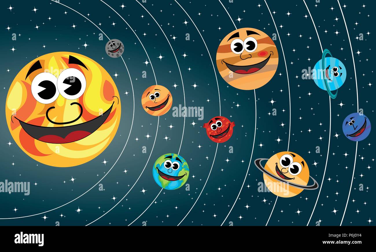Happy Cartoon Planets Of Solar System Orbit The Sun In The Space Stock Vector Image Art Alamy