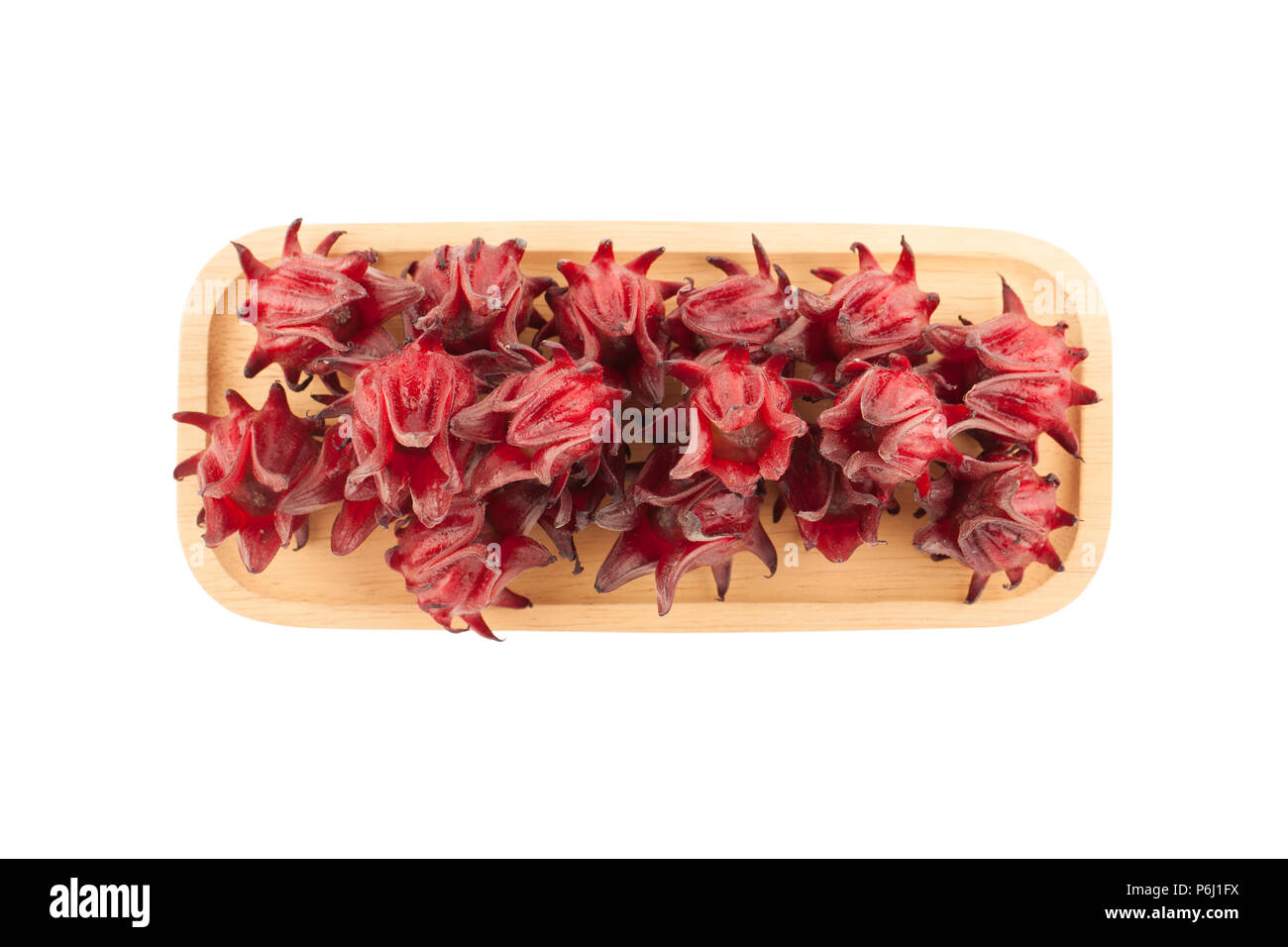 Top view angle of red roselle wooden bowl isolated on white background with clipping path Stock Photo