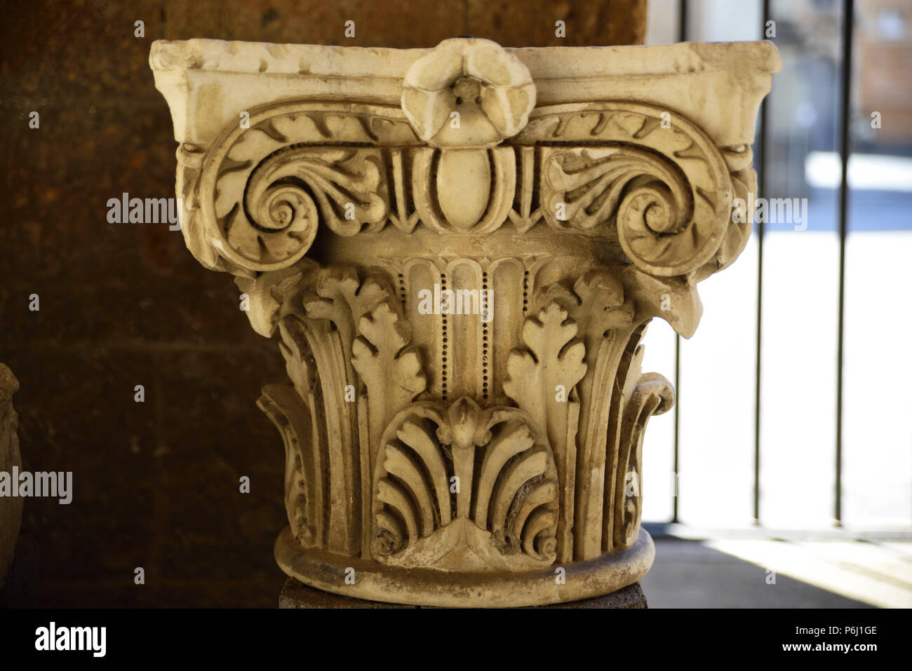 Archaeological find. Upper part (Capitello) of an ancient Etruscan column Orvieto, Umbria, Italy Stock Photo