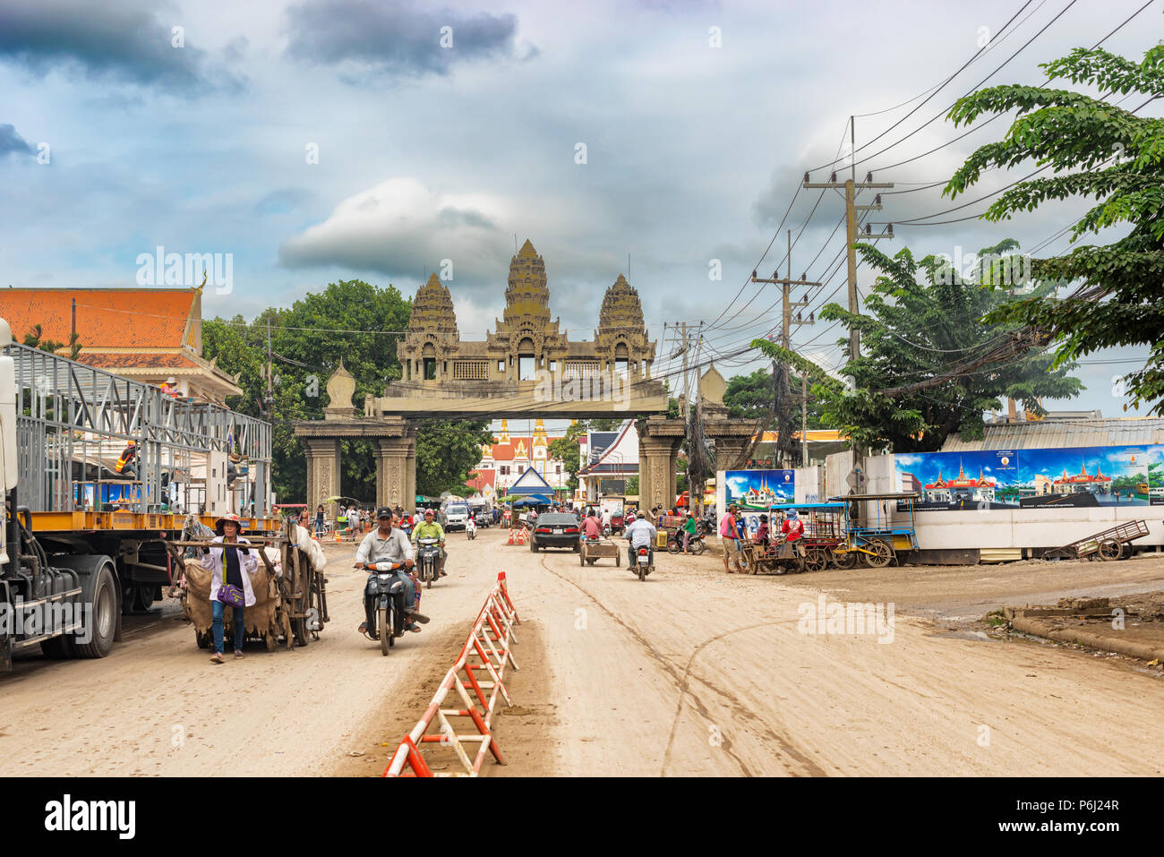 Poipet, Cambodia – November 21, 2017: Local traffic when approaching PoiPet international border crossing between Cambodia and Thailand Stock Photo