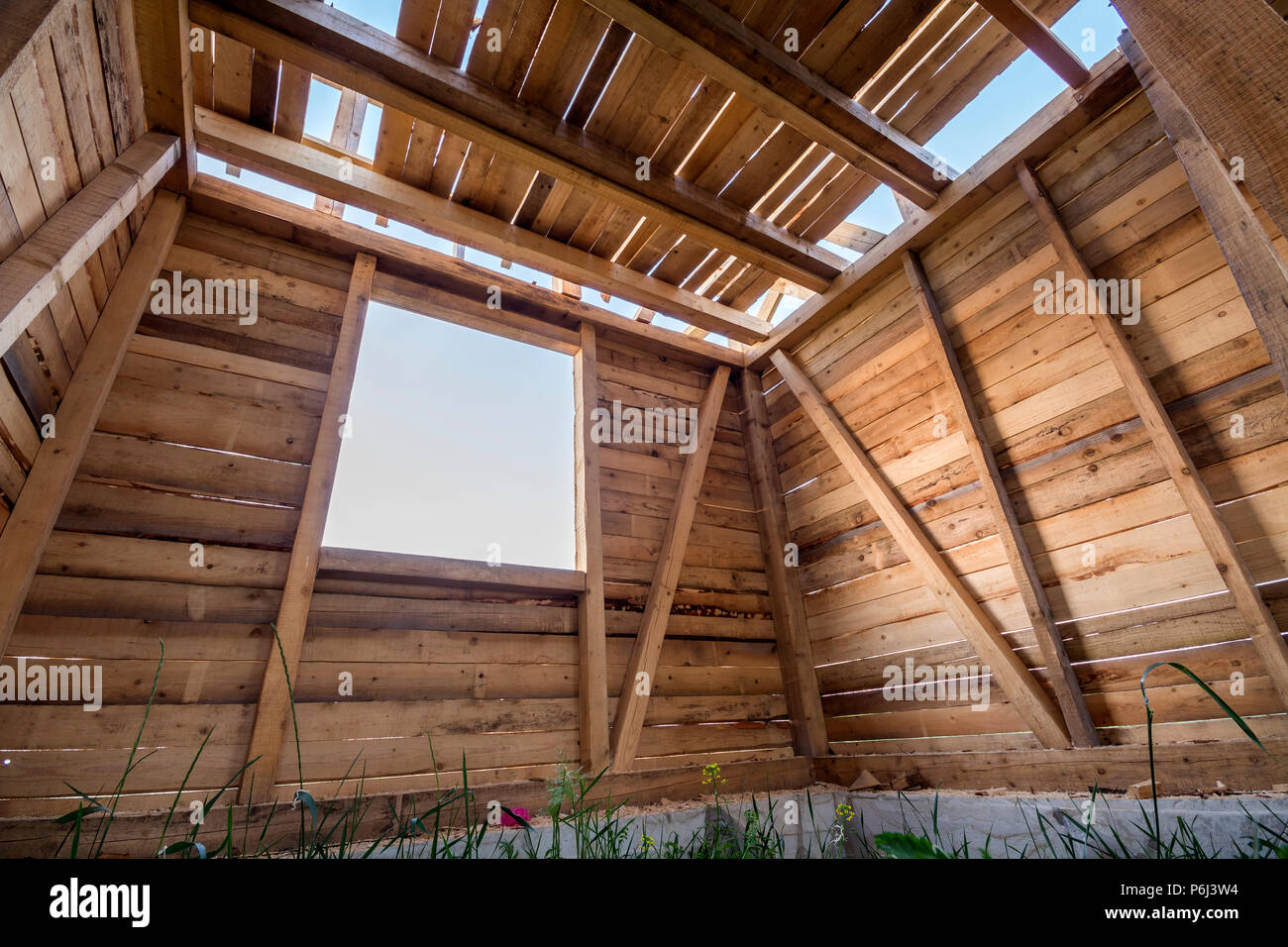 New Wooden House Under Construction Close Up Of Walls And