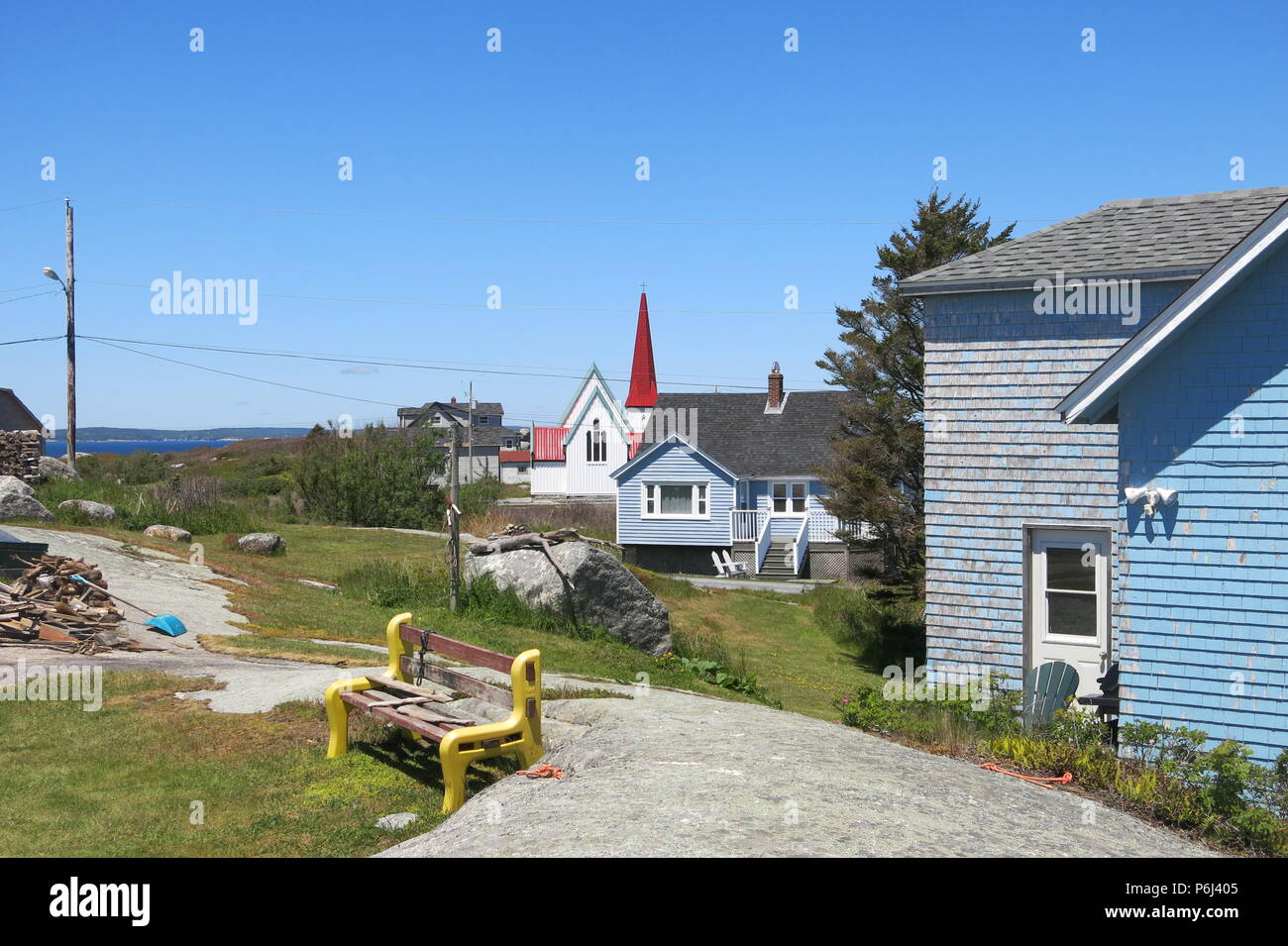 A view of the colourful, weatherboard houses dotted in the landscape at