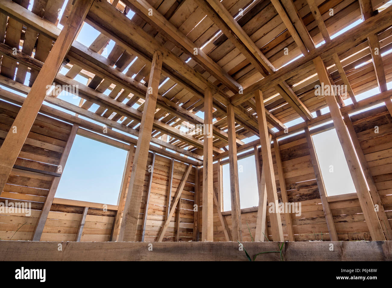 New Wooden House Under Construction Close Up Of Walls And