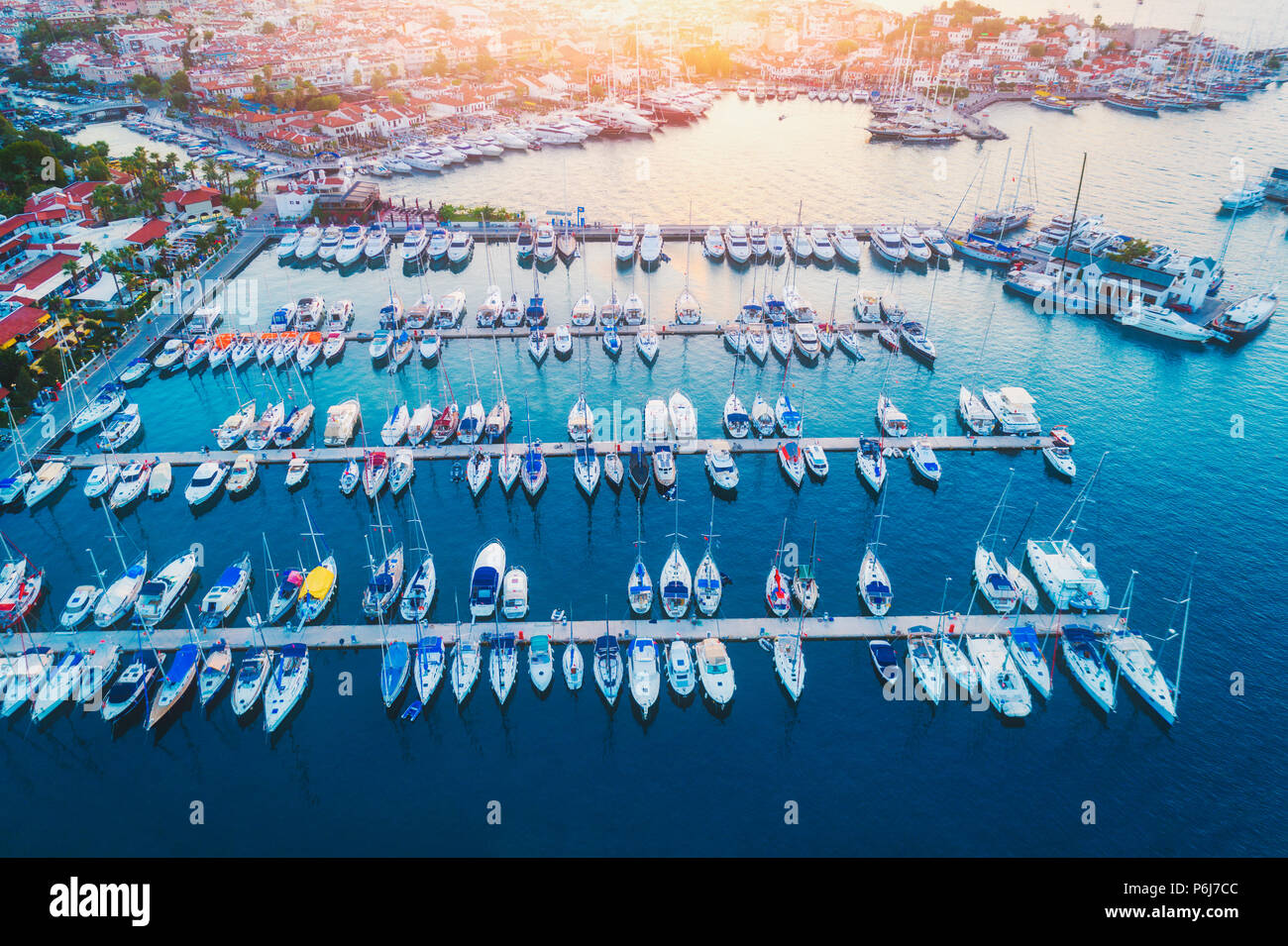 Aerial view of boats, sailboats, yachts and beautiful architecture at