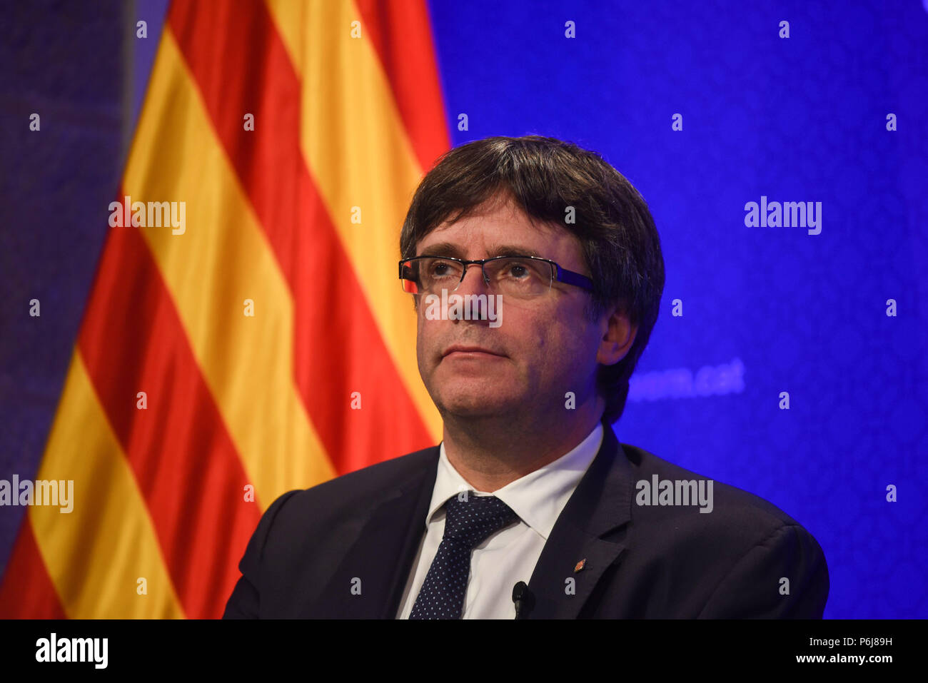 September 11, 2017 - Barcelona, Spain: Catalan president Carles Puigdemont attends a press conference on the morning before hundreds of thousands of Catalans marched for independence during the region's national day, known as the 'Diada'.  Portrait du leader indŽpendantiste catalan Carles Puigdemont lors d'une conference de presse au Palais de la Generalite, siege du gouvernement catalan a Barcelone.*** FRANCE OUT / NO SALES TO FRENCH MEDIA *** Stock Photo