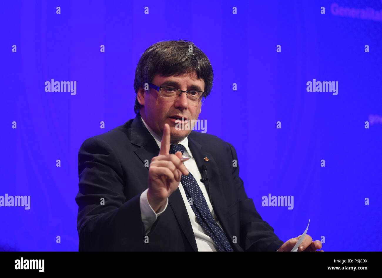 September 11, 2017 - Barcelona, Spain: Catalan president Carles Puigdemont attends a press conference on the morning before hundreds of thousands of Catalans marched for independence during the region's national day, known as the 'Diada'.  Portrait du leader indŽpendantiste catalan Carles Puigdemont lors d'une conference de presse au Palais de la Generalite, siege du gouvernement catalan a Barcelone.*** FRANCE OUT / NO SALES TO FRENCH MEDIA *** Stock Photo