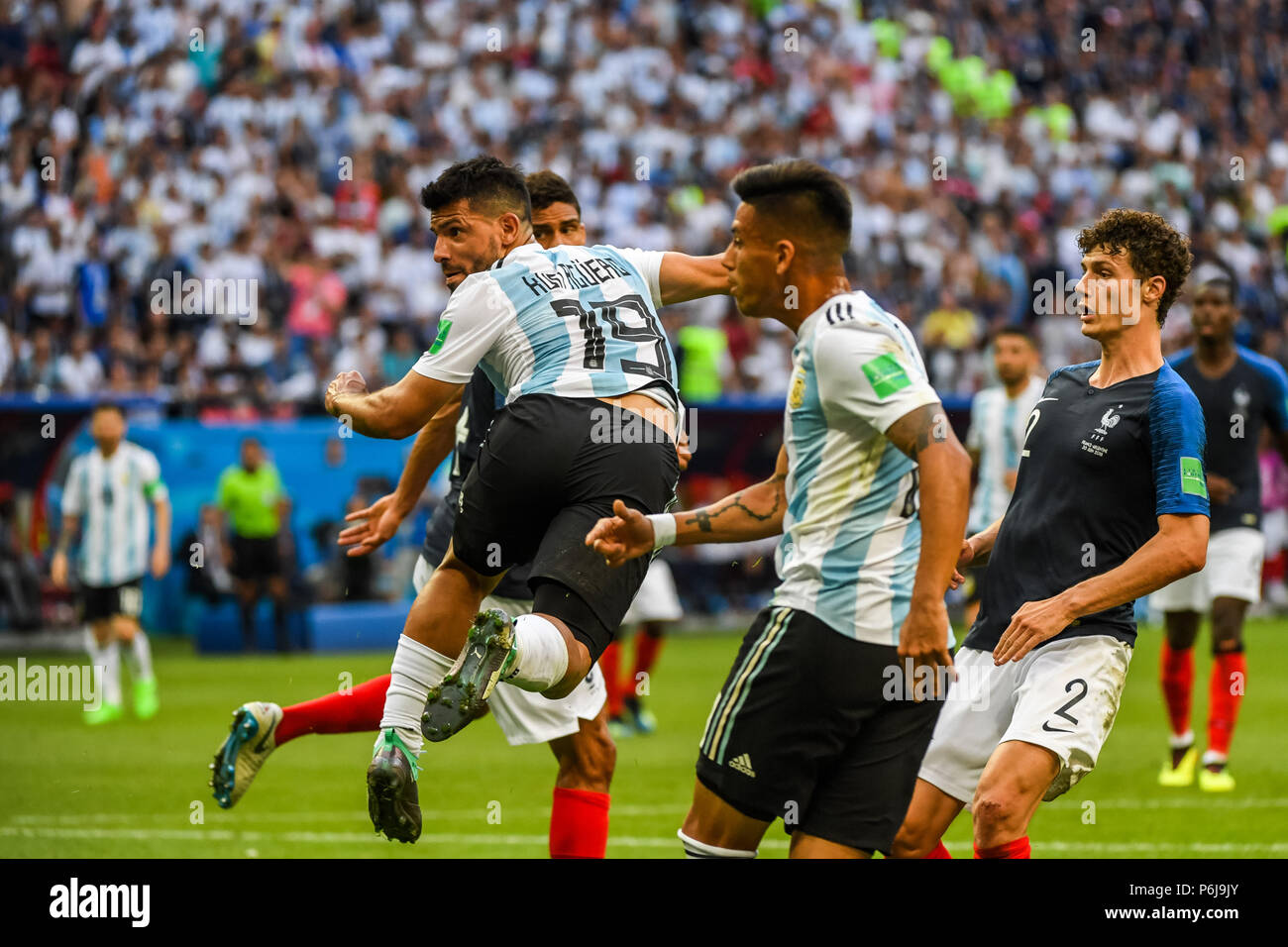 Kazan Arena, Kazan, Russia. 30th June, 2018. FIFA World Cup Football, Round of 16, France versus Argentina; Sergio Aguero of Argentina scoring with a header in the 90th minute for 3-4 Credit: Action Plus Sports/Alamy Live News Stock Photo