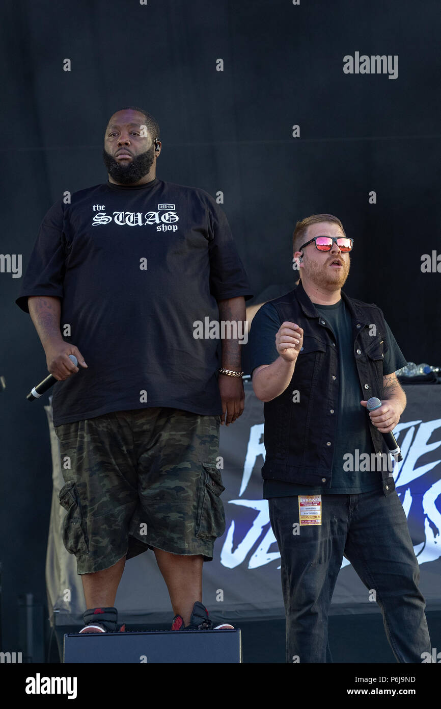 Finsbury park, UK. 30th June, 2018, Run The Jewels  known by his stage names El-P and Killer Mike  performing at Queens of the Stone Age and Friends. UK.Finsbury park London.© Jason Richardson / Alamy Live News Stock Photo