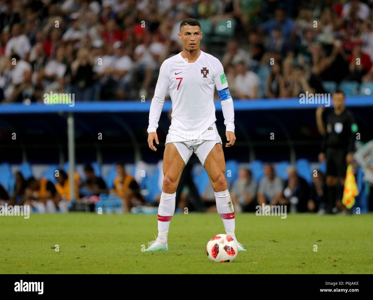 Sochi, Russia. 30th June, 2018. Fußball: Football World Cup, Uruguay vs  Portugal at the Fisht Stadium. Cristiano Ronaldo of Portugal waits for a  freekick. Credit: Christian Charisius/dpa/Alamy Live News Stock Photo -