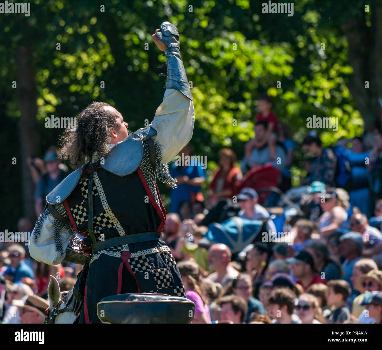 Jousting and Medieval Fair at Linlithgow Palace, Linlithgow, Scotland, United Kingdom, 30th June 2018. Historic Environment Scotland kick off their summer entertainment programme with a fabulous display of Medieval jousting in the grounds of the historic castle. The jousting is performed by Les Amis D'Onno equine stunt team based in the Borders Stock Photo