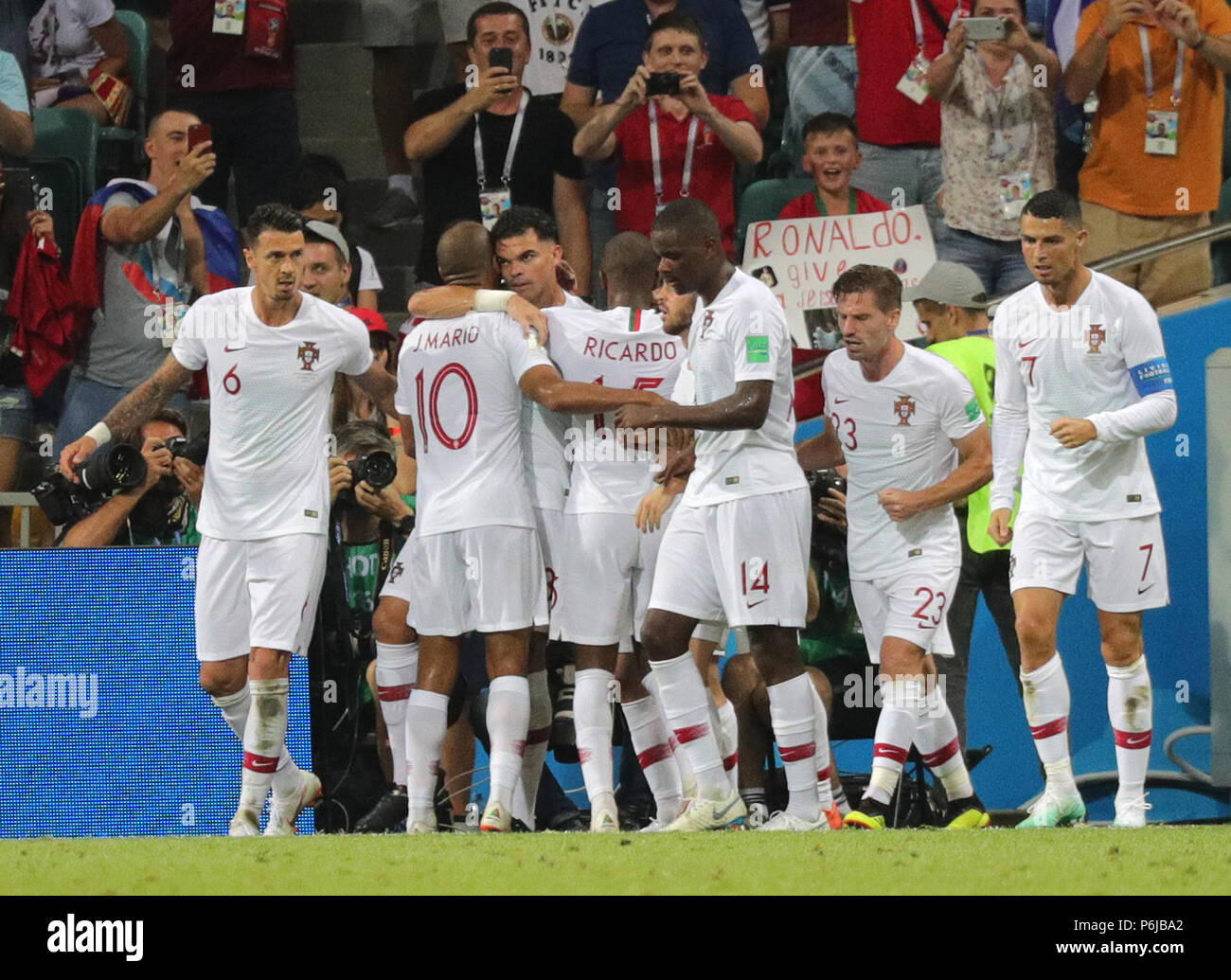 Sochi, Russia. 30th June, 2018. Football World Cup, Uruguay vs Portugal at the Fisht Stadium. Pepe (3.f.l.) of Portugal celebrates with teammates after the goal for 1:1. Credit: Christian Charisius/dpa/Alamy Live News Stock Photo
