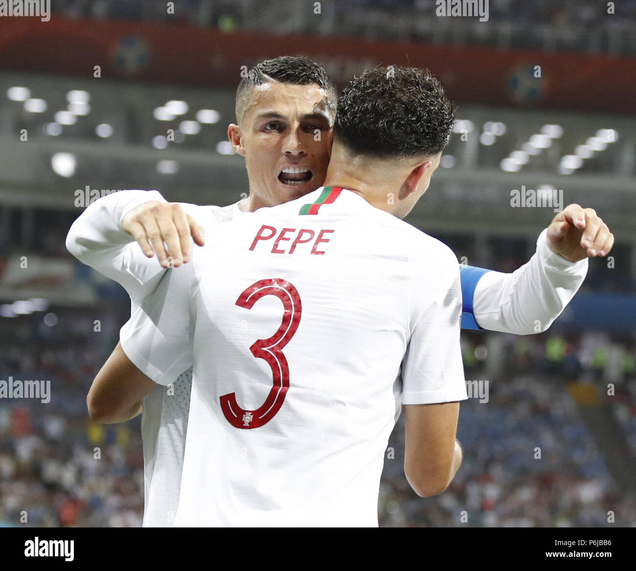 Sochi, Russia. 30th June, 2018. Pepe (R) of Portugal celebrates scoring with Cristiano Ronaldo during the 2018 FIFA World Cup round of 16 match between Uruguay and Portugal in Sochi, Russia, June 30, 2018. Credit: Ye Pingfan/Xinhua/Alamy Live News Stock Photo
