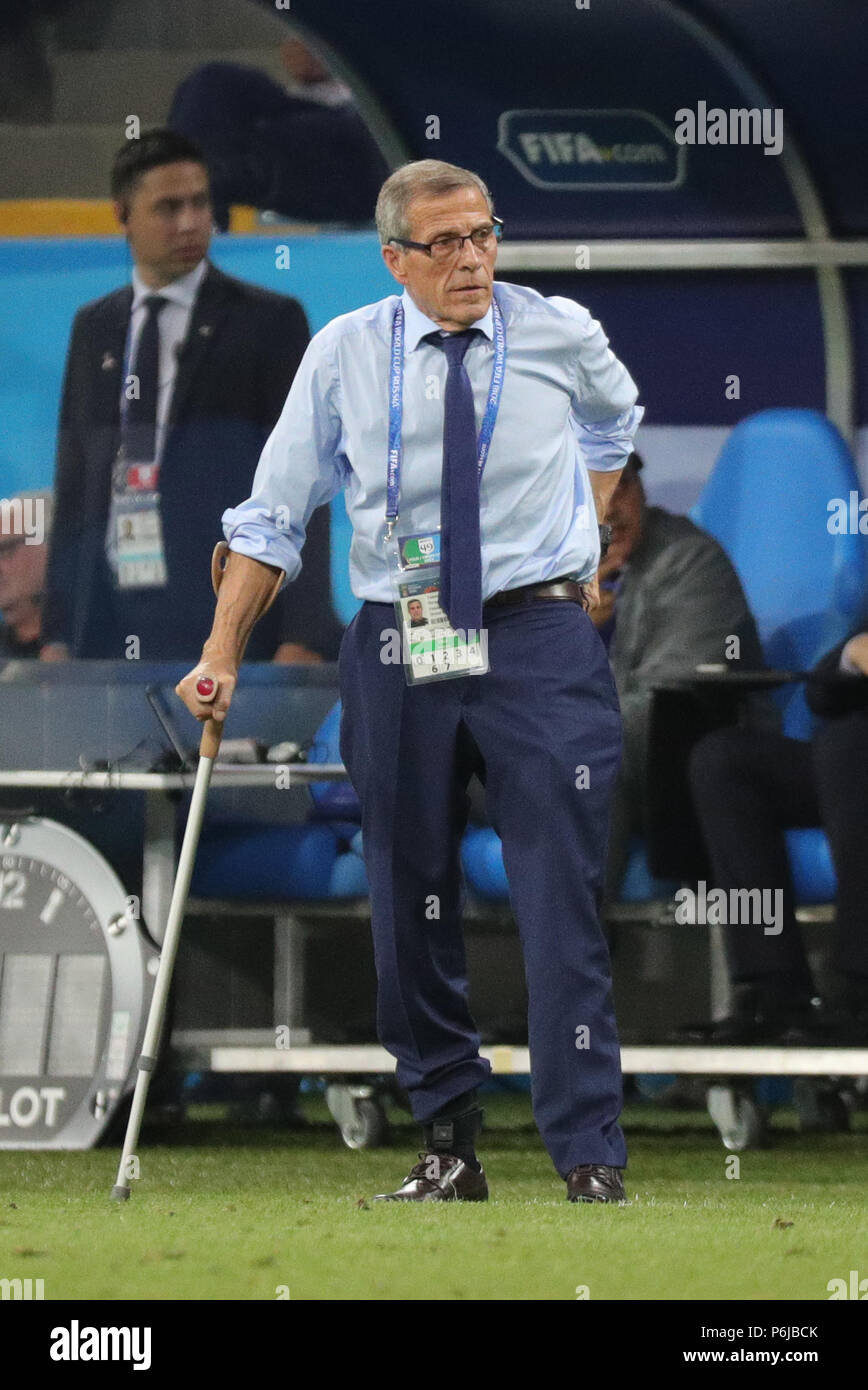 Sochi, Russia. 30th June, 2018. Football World Cup, Uruguay vs Portugal at the Fisht Stadium. Uruguay coach Oscar Tabarez standing pitchside with a crutch. Credit: Christian Charisius/dpa/Alamy Live News Stock Photo