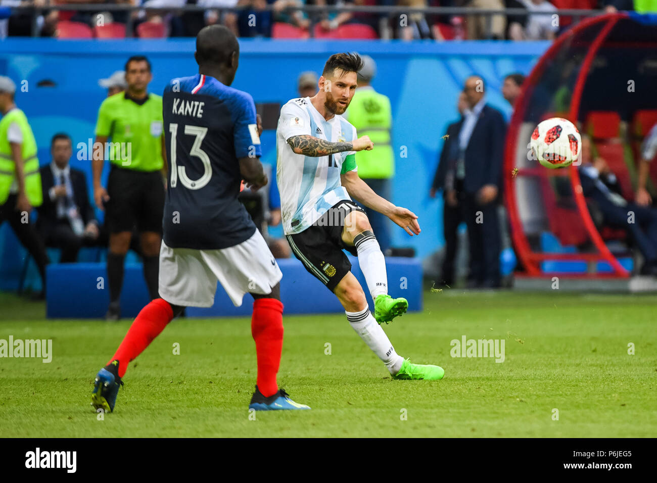 Kazan Arena, Kazan, Russia. 30th June, 2018. FIFA World Cup Football, Round  of 16, France versus Argentina; Lionel Messi of Argentina passing to Aguero  in the box for the goal for 3-4