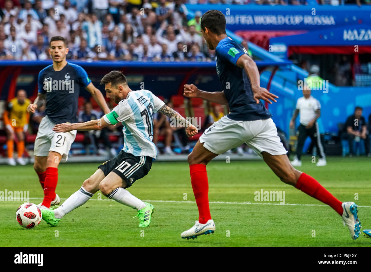 Kazan Arena, Kazan, Russia. 30th June, 2018. FIFA World Cup Football, Round of 16, France versus Argentina; Lionel Messi of Argentina shooting on goal Credit: Action Plus Sports/Alamy Live News Stock Photo