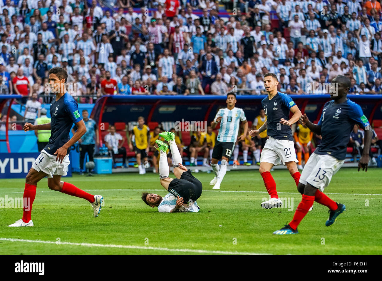 Kazan Arena, Kazan, Russia. 30th June, 2018. FIFA World Cup Football, Round of 16, France versus Argentina; Lionel Messi of Argentina falls backwards after shooting on goal Credit: Action Plus Sports/Alamy Live News Stock Photo
