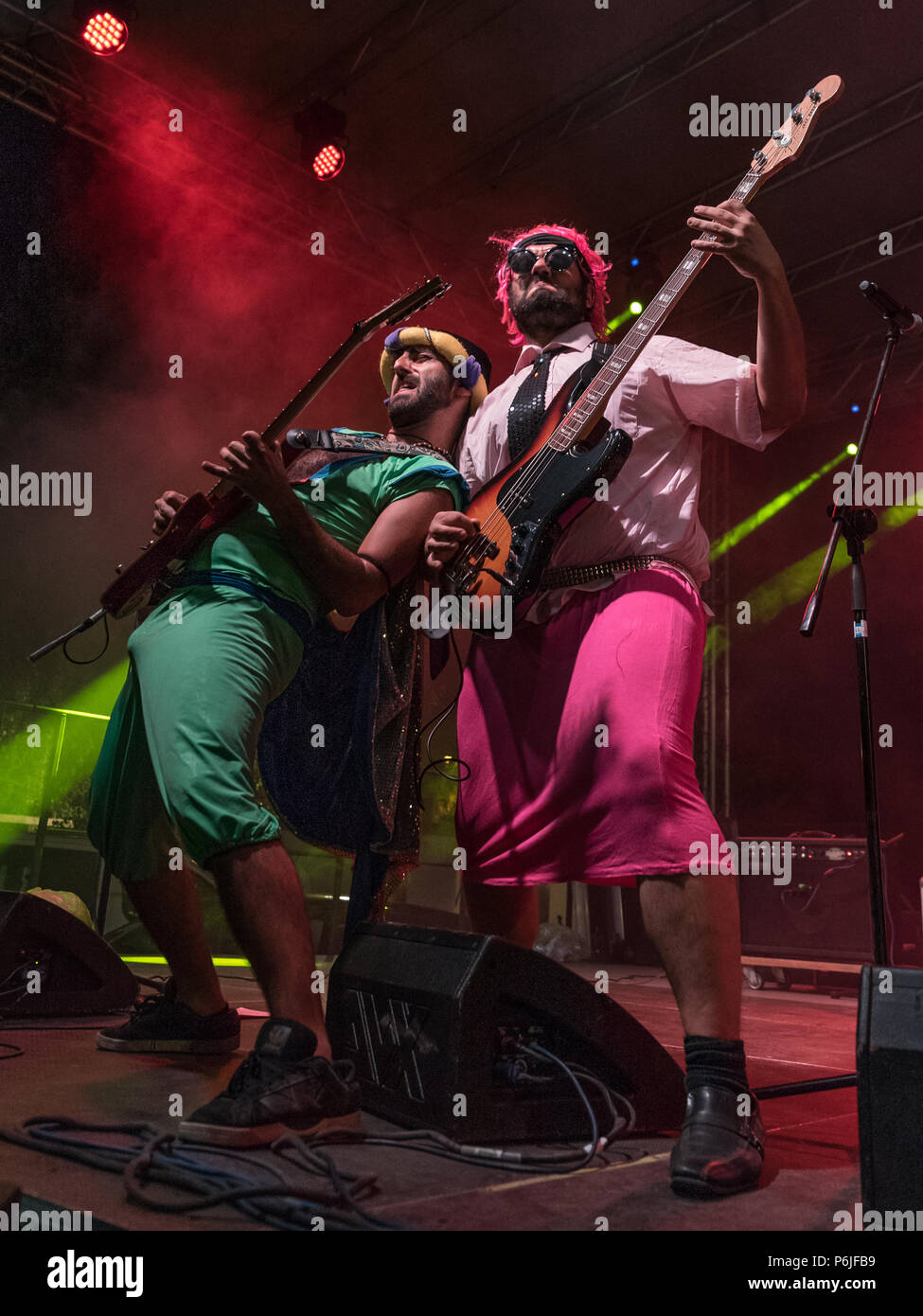 Bergamo, Italy - June 29, 2018: The Italian comedy heavy metal band from  Rome, NANOWAR OF STEEL performs at BIRRANBANDA Festival of Sanpaolo d'Argon  (BG). Brambilla Simone Live News photographer Credit: Simone