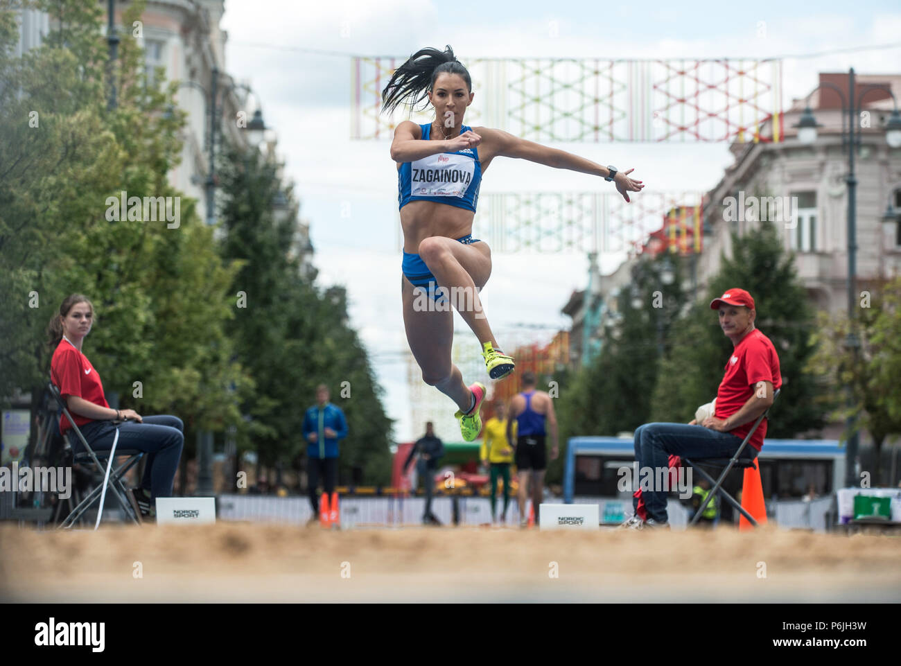 Vilnius, Lithuania. 30th June, 2018. Triple jumper Zagainova competes during JUMP Vilnius 2018 held in Vilnius, Lithuania, on June 30, 2018. Credit: Alfredas Pliadis/Xinhua/Alamy Live News Stock Photo