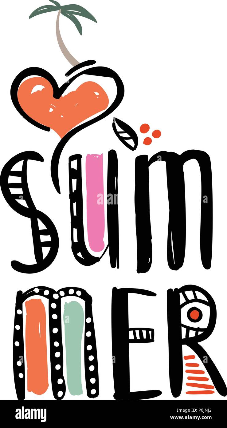 I love summer inscription with palm, heart, Multicolored lettering illustration. Doodle style brushes. Hand drawn sketch scribble text on white background Stock Vector