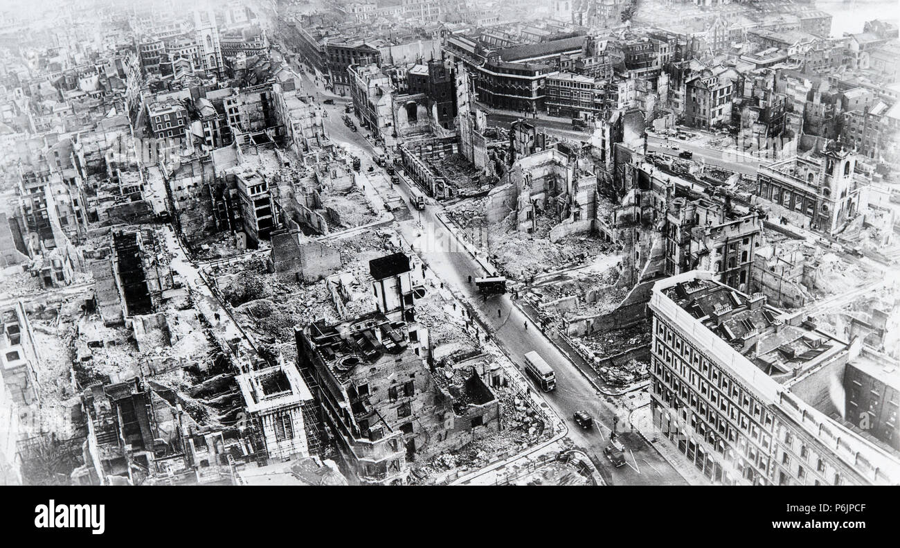 An aerial view of Cannon Street in London in 1941, during the blitz air raids by the German Luftwaffe, in the second World War. Stock Photo