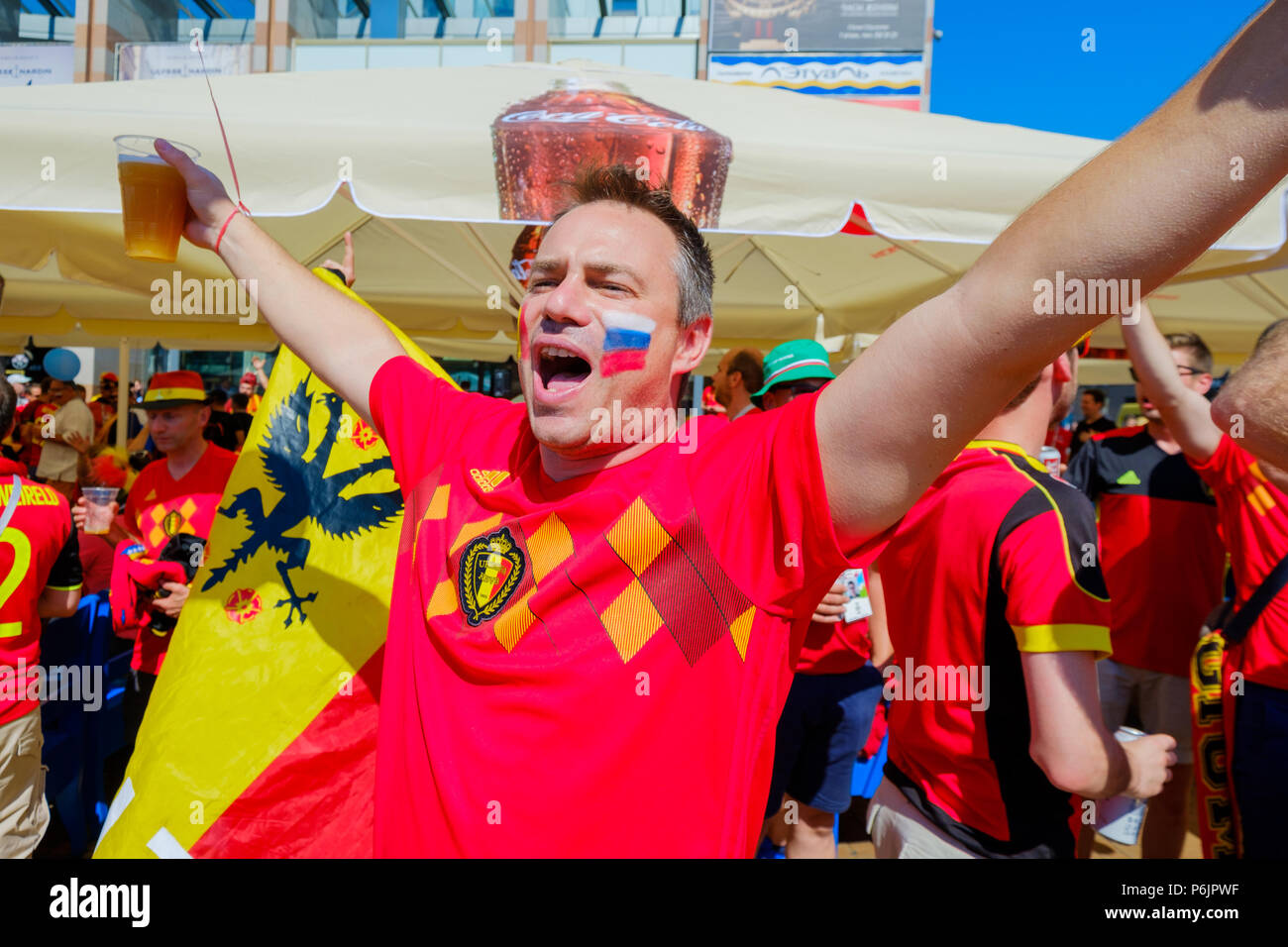 Football fans support teams on the street of the city on the day of the ...