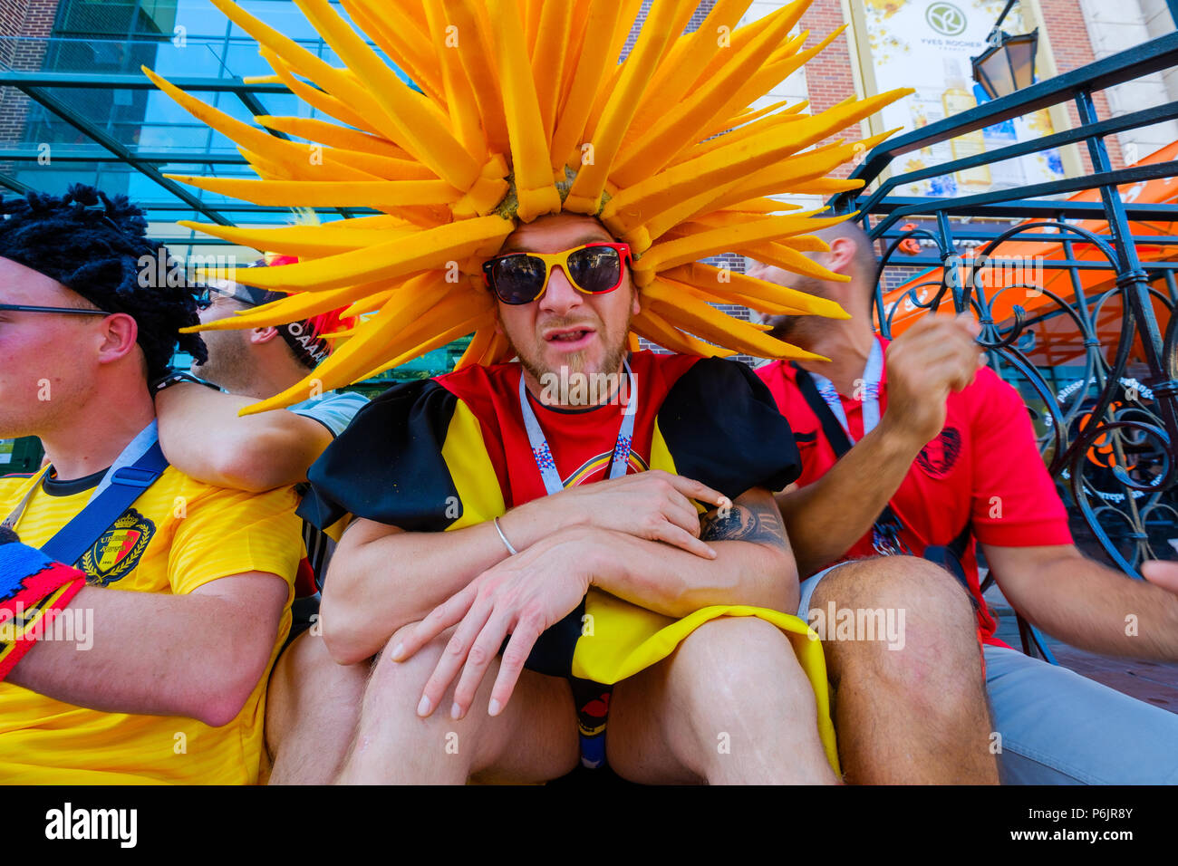 Football fans support teams on the street of the city on the day of the ...