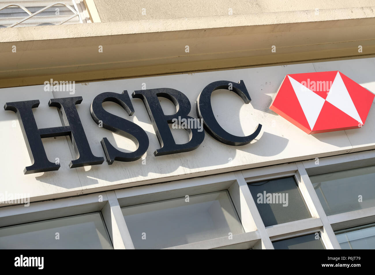 Cannes, France - October 25, 2017 : close up of HSBC bank entrance sign and logo at a retail branch in Cannes, France Stock Photo