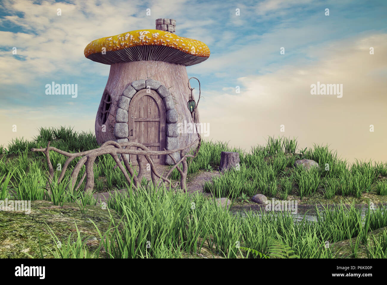 Beautiful brown mushroom house, background / backdrop image, 3d render