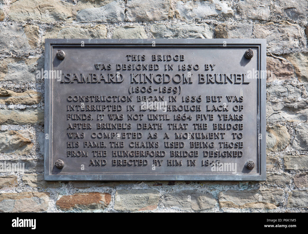 The historic plaque on the Clifton Suspension Bridge, Bristol, England Stock Photo