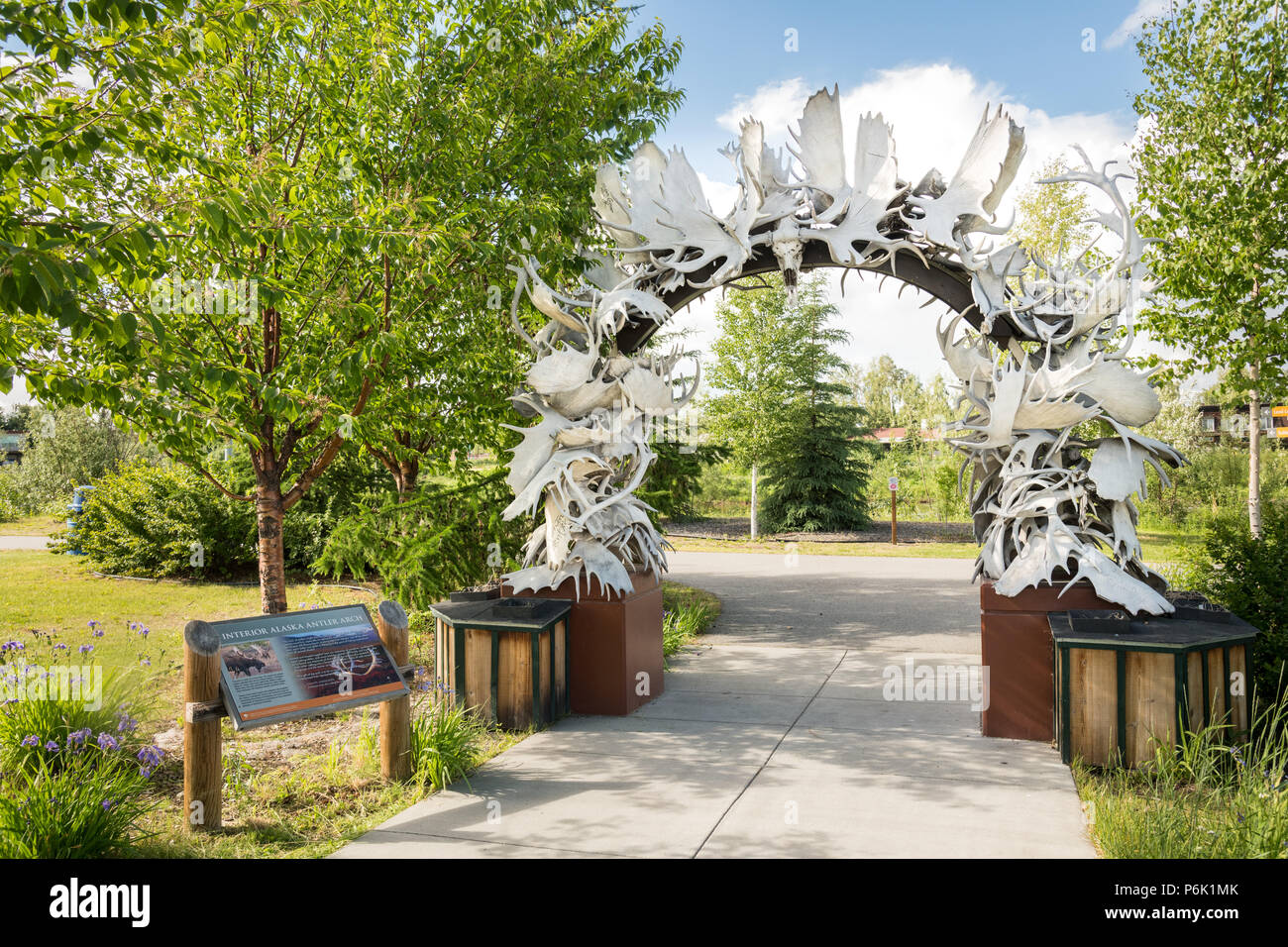 The Gateway to Fairbanks, Moose Antler Arch in Griffin Park downtown Fairbanks, Alaska. The arch