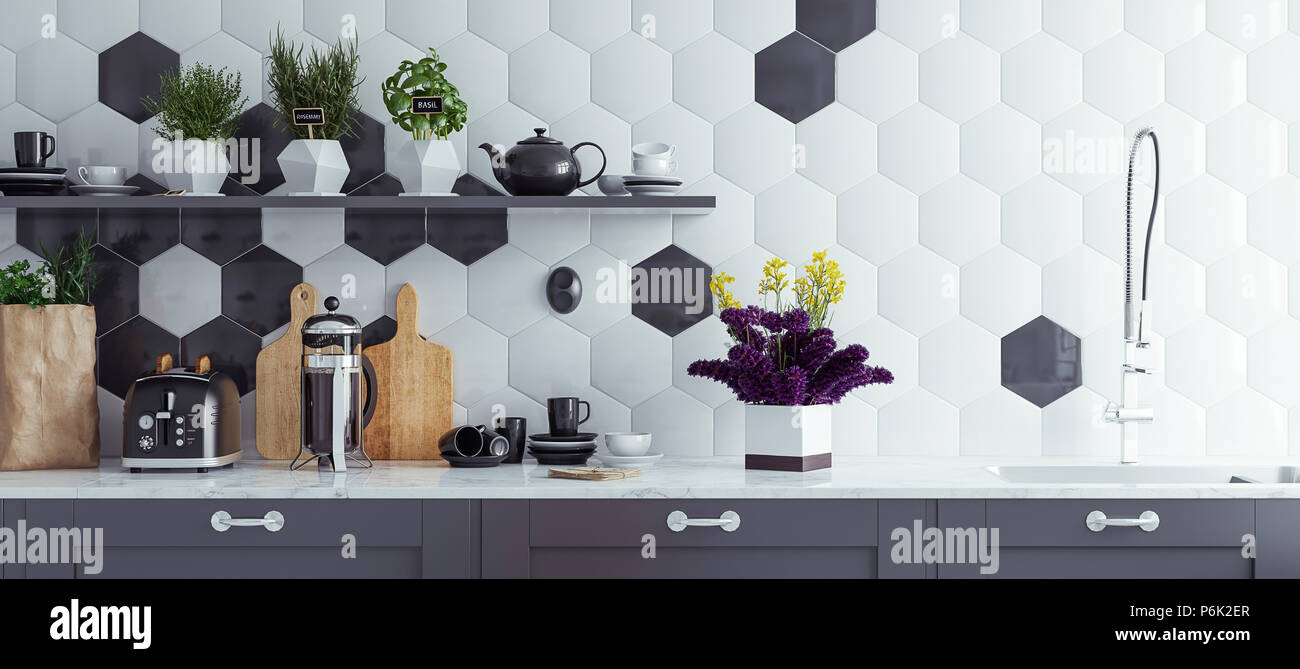Panoramic modern kitchen interior background, 3d render Stock Photo - Alamy