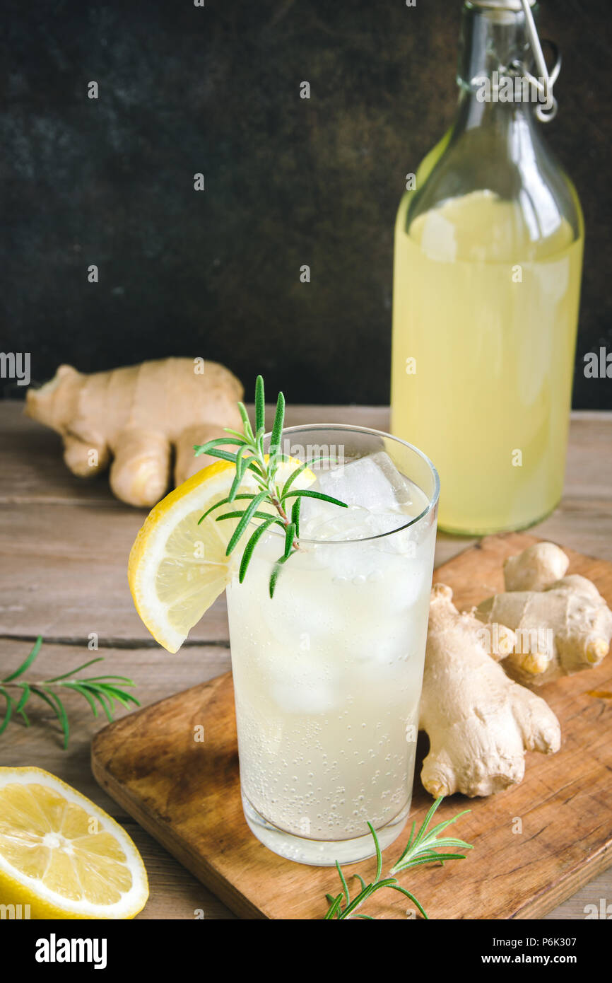 Ginger Ale or Kombucha in Glasses Homemade lemon and ginger organic