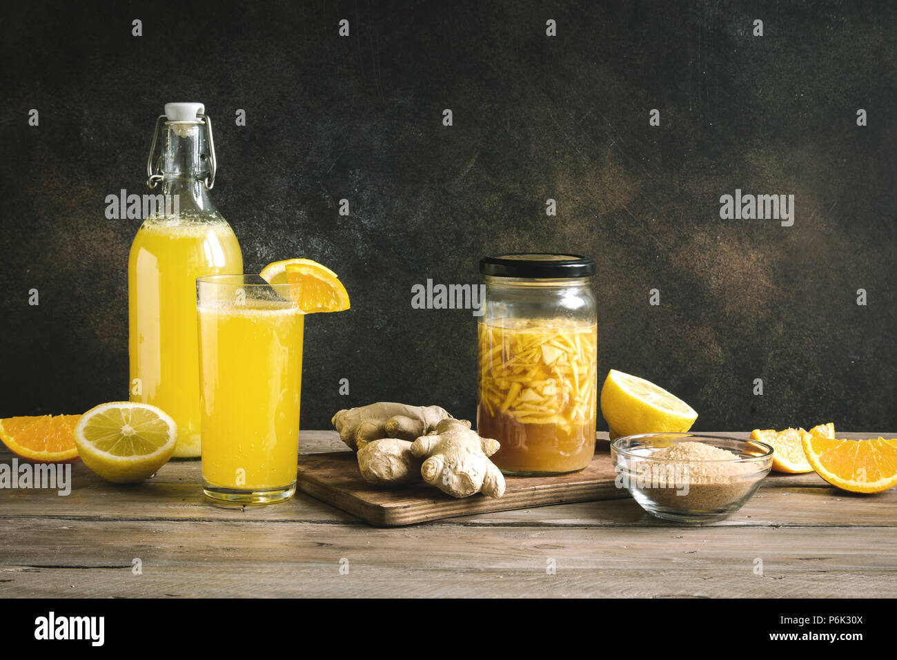 Ginger Bug Homemade Fermented Probiotic Soda Drink, fruit and ginger organic drink Stock Photo