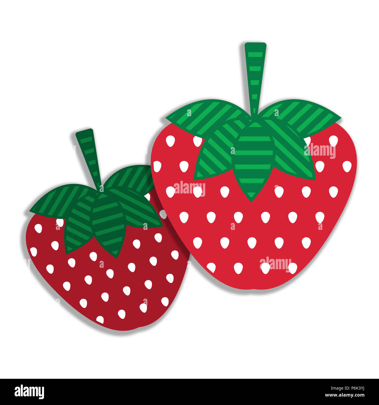 Illustration of two strawberries against a white background. Dots and stripes pattern. Drop shadow. Modern. Stock Photo