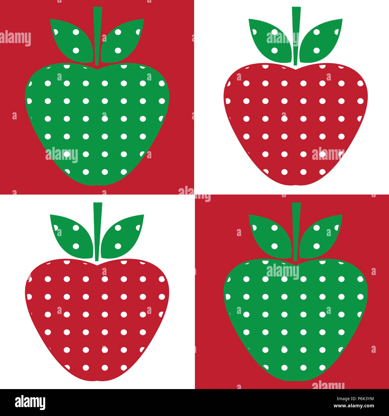 Illustration of red and green strawberries in a repeating pattern. Red and white background squares. Modern, clean, fresh. Stock Photo