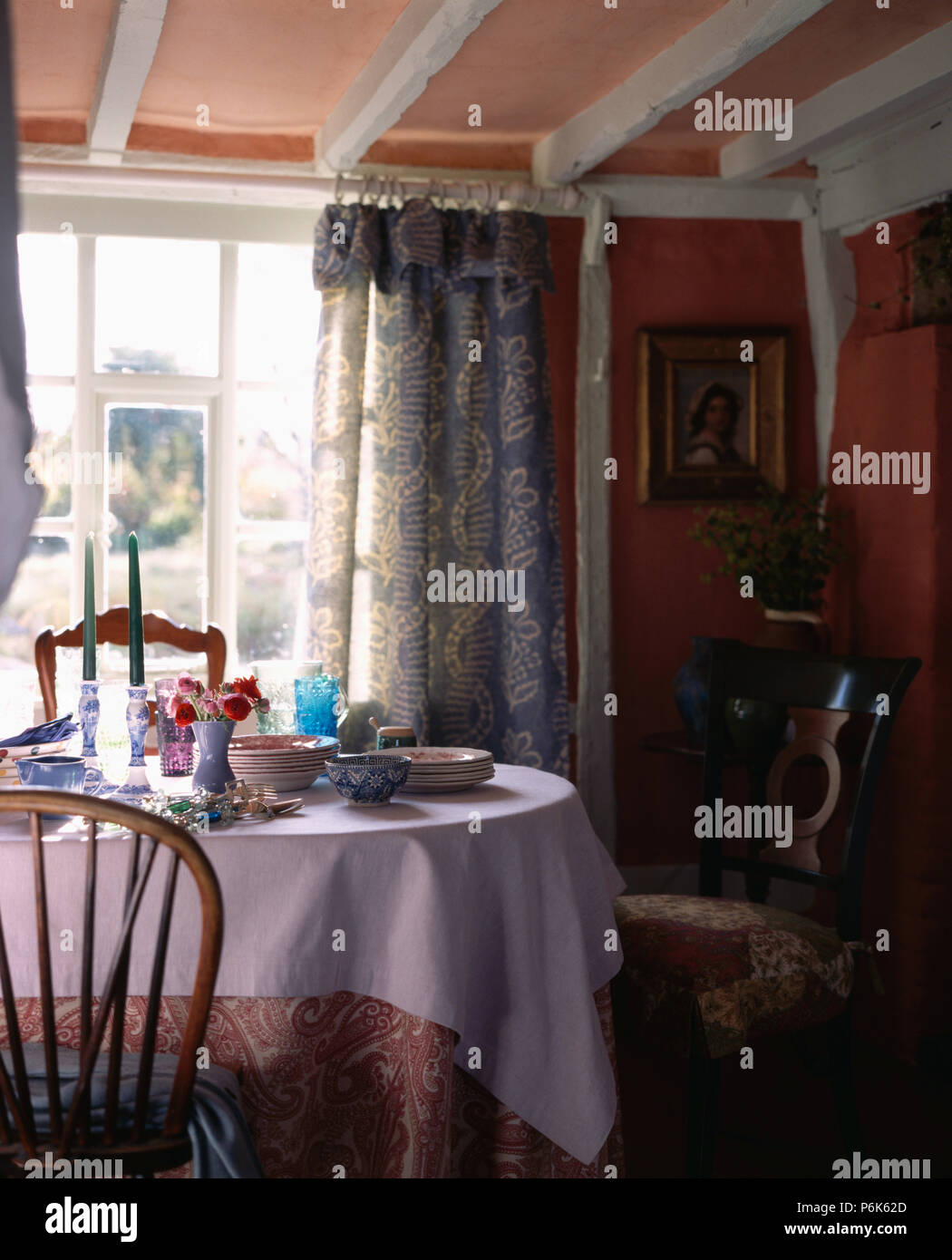 Patterned And White Cloth On Table Set For Breakfast In Pink