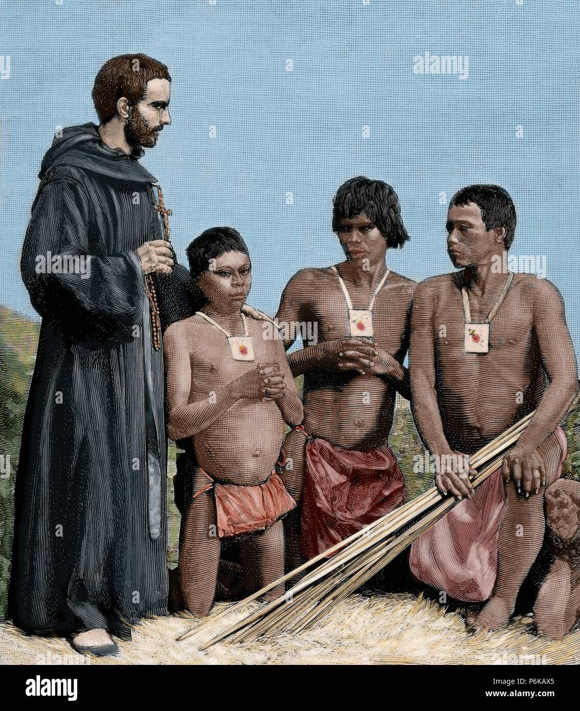 Colombia. Spanish Mission. Augustinian Recollect friar converting Guahibos Indians. Engraving, 1887. Colored. Stock Photo