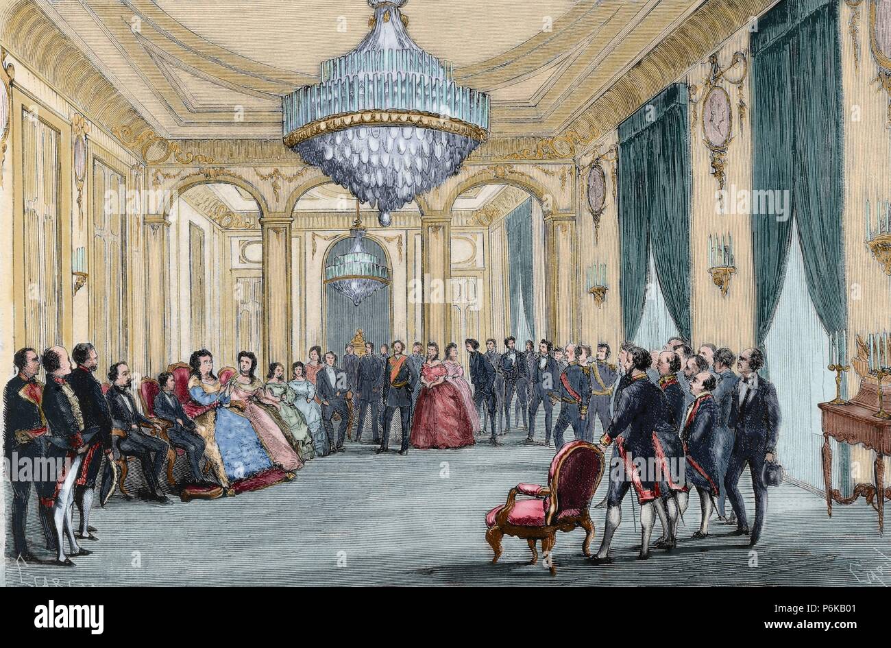 Isabella II of Spain (1830-1904). Queen of Spain. Abdication of Isabella of Bourbon in favour of her son Alphonse XII. June 25, 1870. Paris, France. Engraving by Capuz. The Spanish and American Illustration, 1870. Colored. Stock Photo