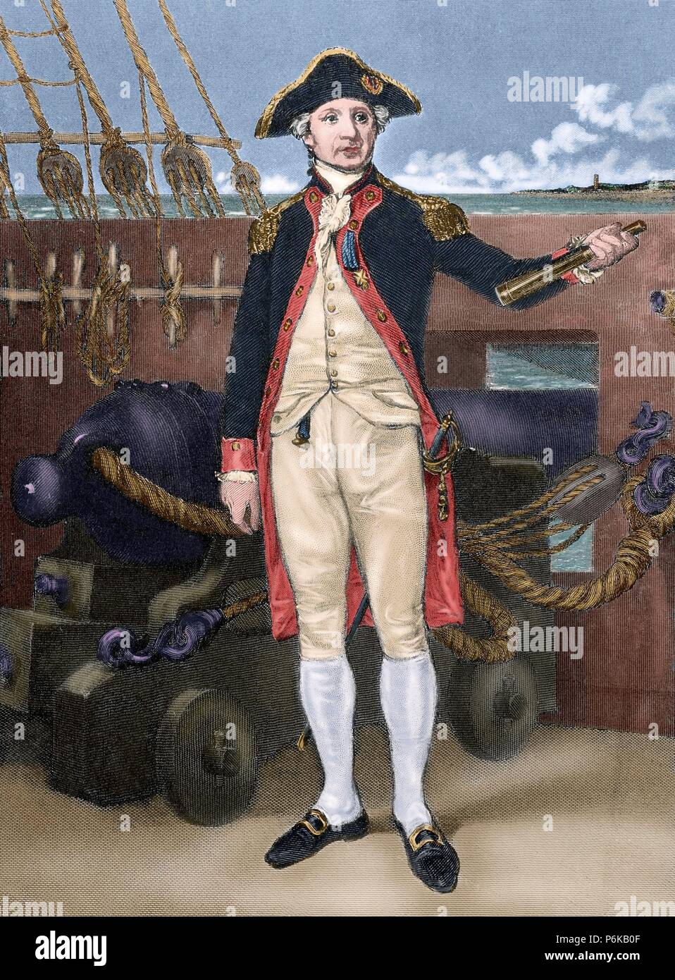 John Paul Jones (1747-1792). Scottish sailor. Engraving. 19th century. Colored. Stock Photo