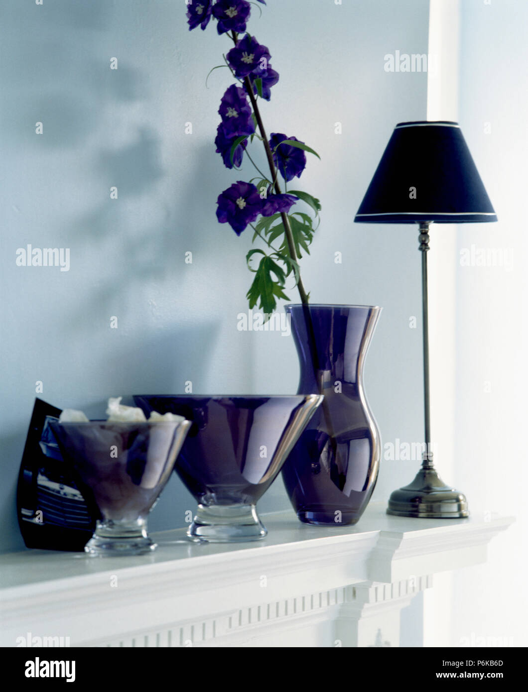 Close-up of dark purple stemmed vases and tall vase with single blue delphinium on mantelpiece with black lamp Stock Photo