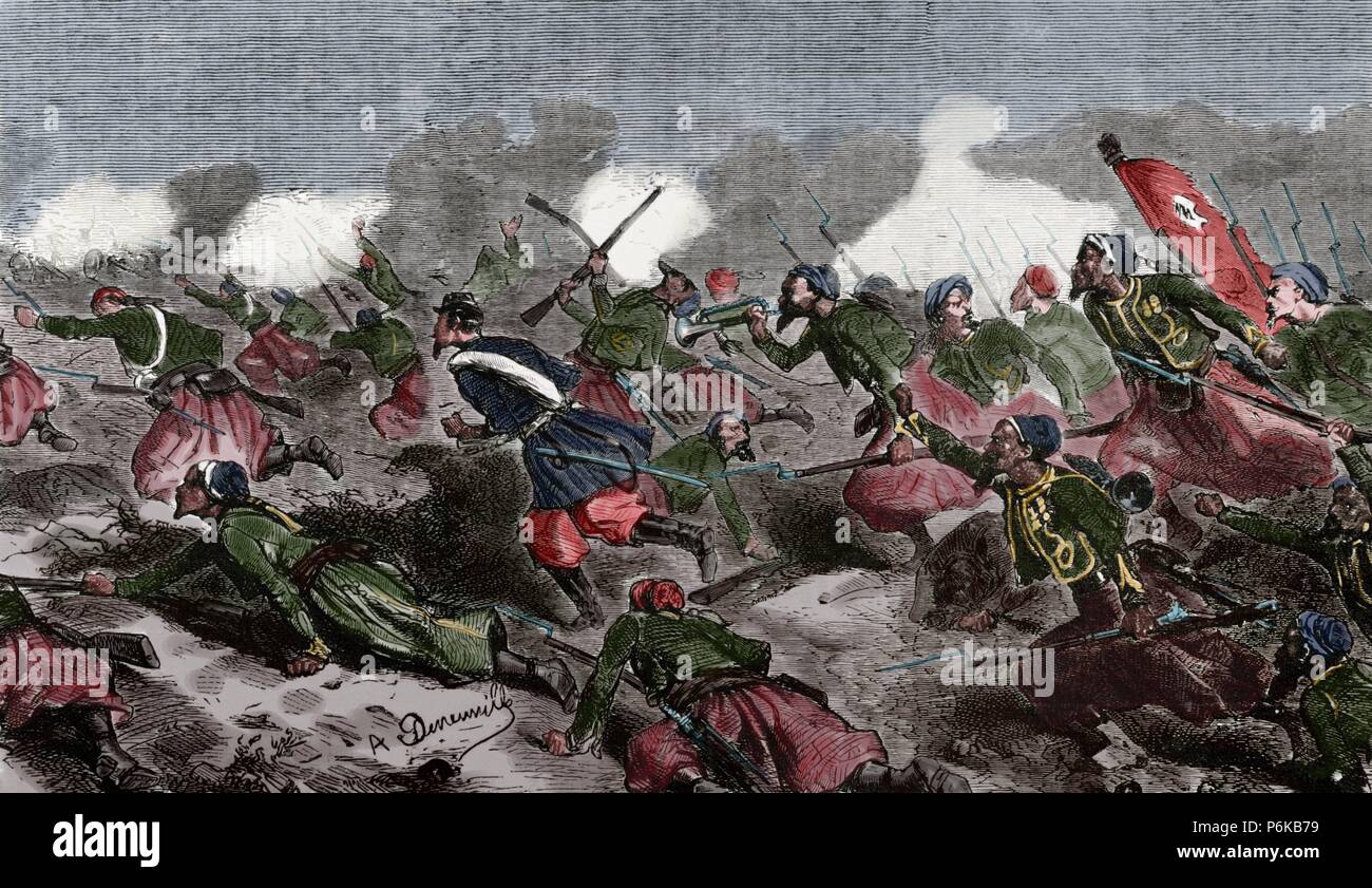 Second Italian War of Independence. Battle of Turbigo, 3 june 1859. Franco-Piedmontese troops crossed the Ticino. Engraving by Dumont. El Album de las Familias, 1859. Colored. Stock Photo