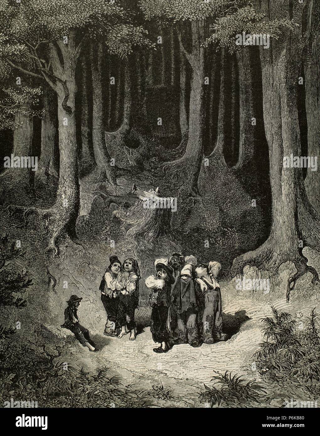 Charles Perrault (1628-1703). French writer. Hop-o'-My-Thumb. The children realize that they are lost in the forest. Engraving by Gustave Dore. Stock Photo