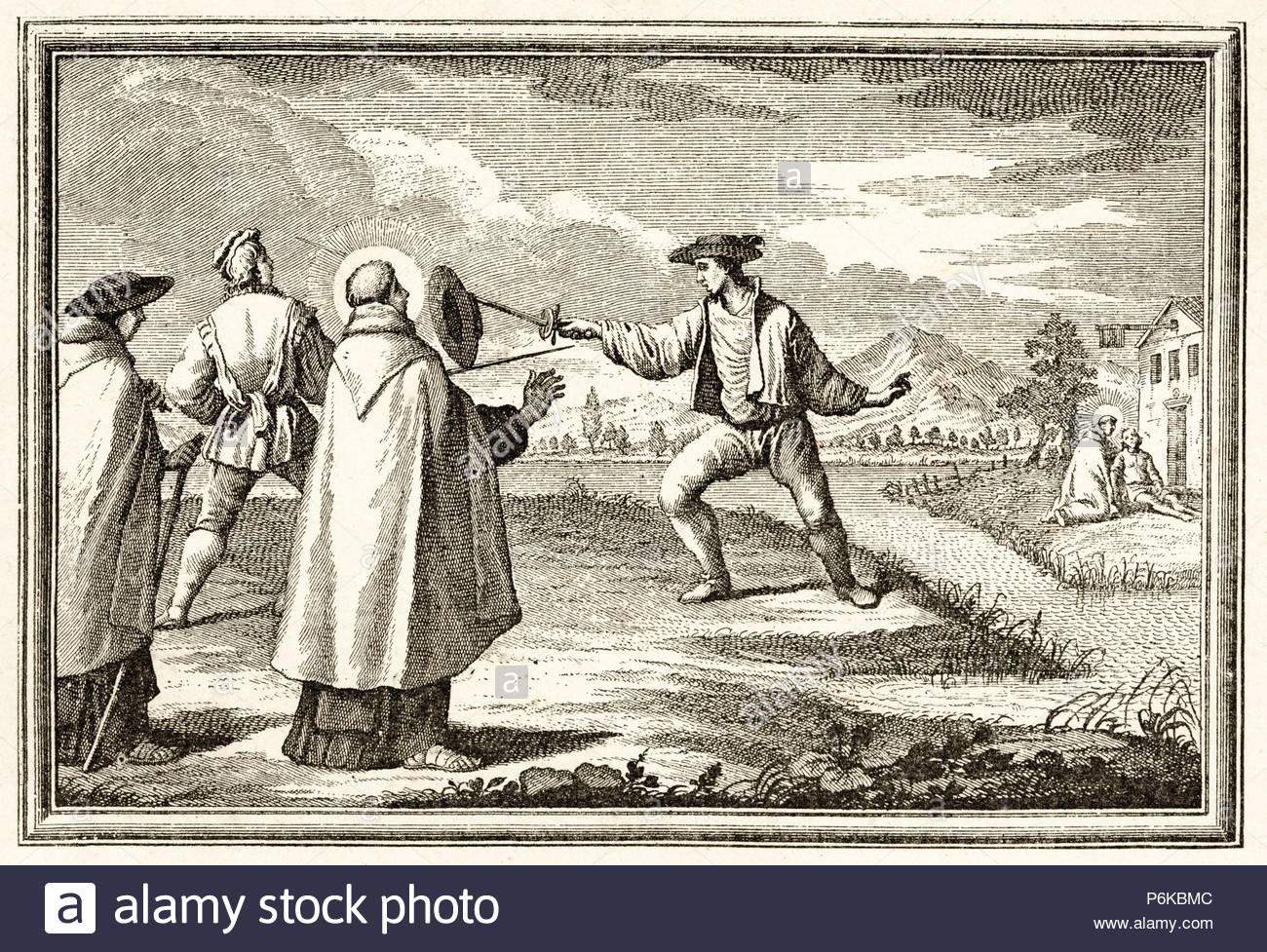 Vida de San Juan de la Cruz (1542-1591). Reconcilia y convierte a Dios a dos hombres que se batían en duelo. Grabado de 1890.