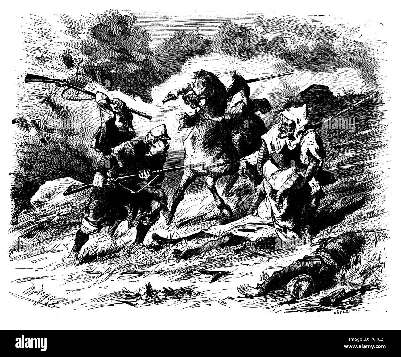 Guerra de África. Año 1860. Lucha entre españoles y marroquíes por el rescate de heridos. Dibujo de Ortego. Grabado de 1860. Stock Photo