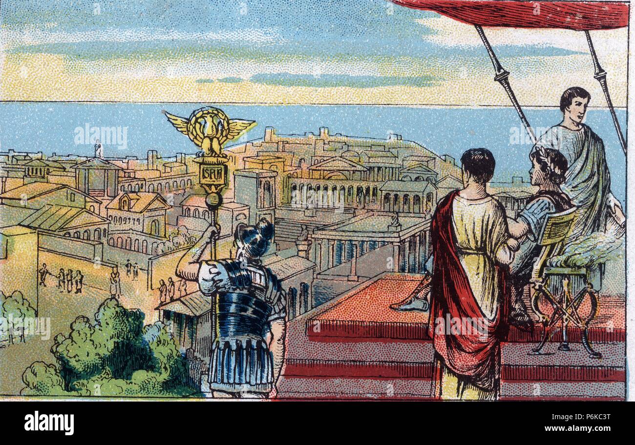 Historia de Catalunya. Los romanos hacen de Tarragona la capital de Hispania. Dibujo de los año 1930. Stock Photo