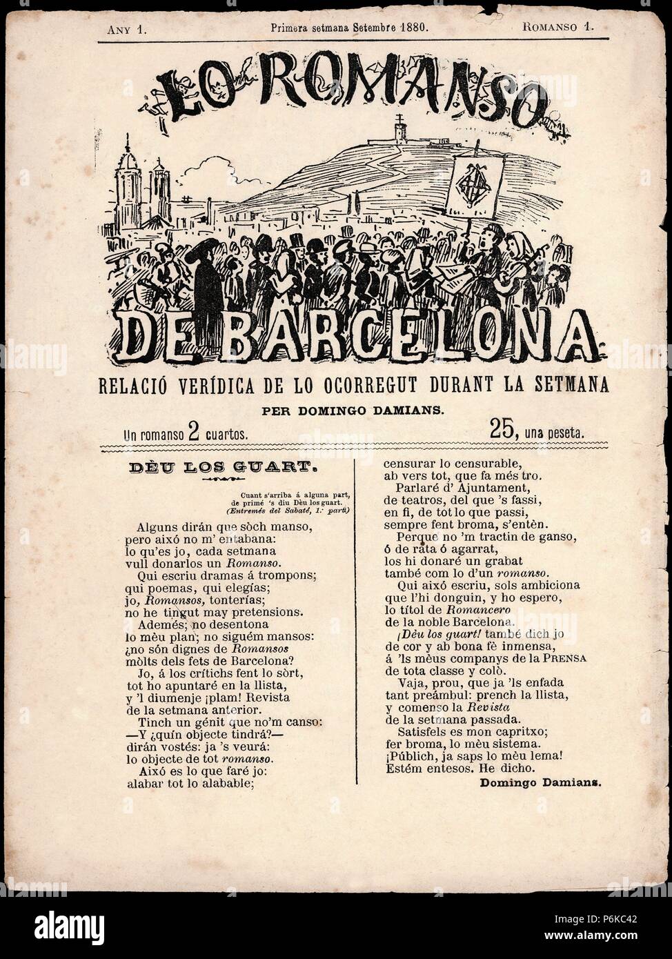 Portada de la revista popular Lo Romanso, de Barcelona. Año 1, número 1, Septiembre de 1880. Stock Photo