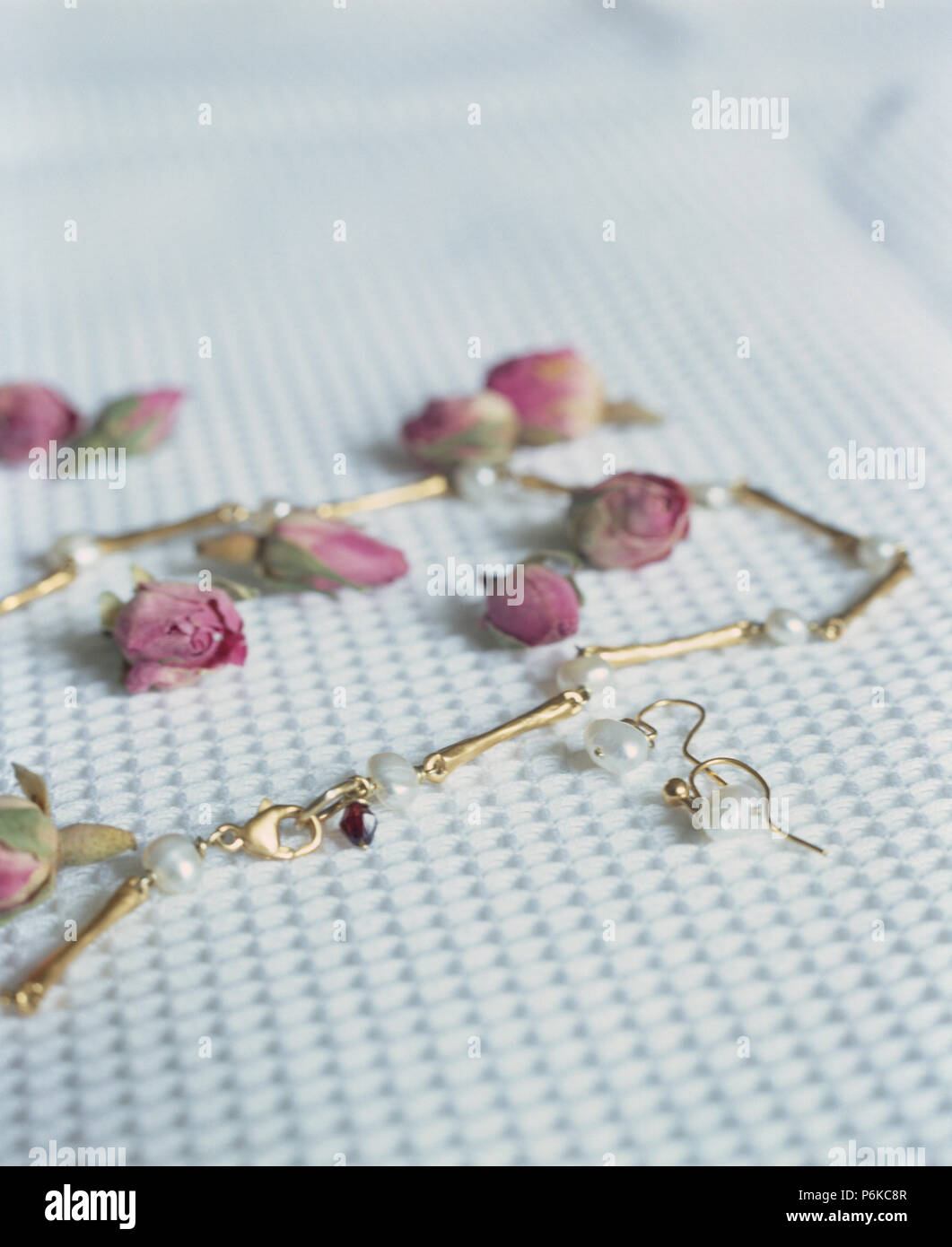 Close-up of silver necklace and ear rings with dried pink rosebuds Stock Photo