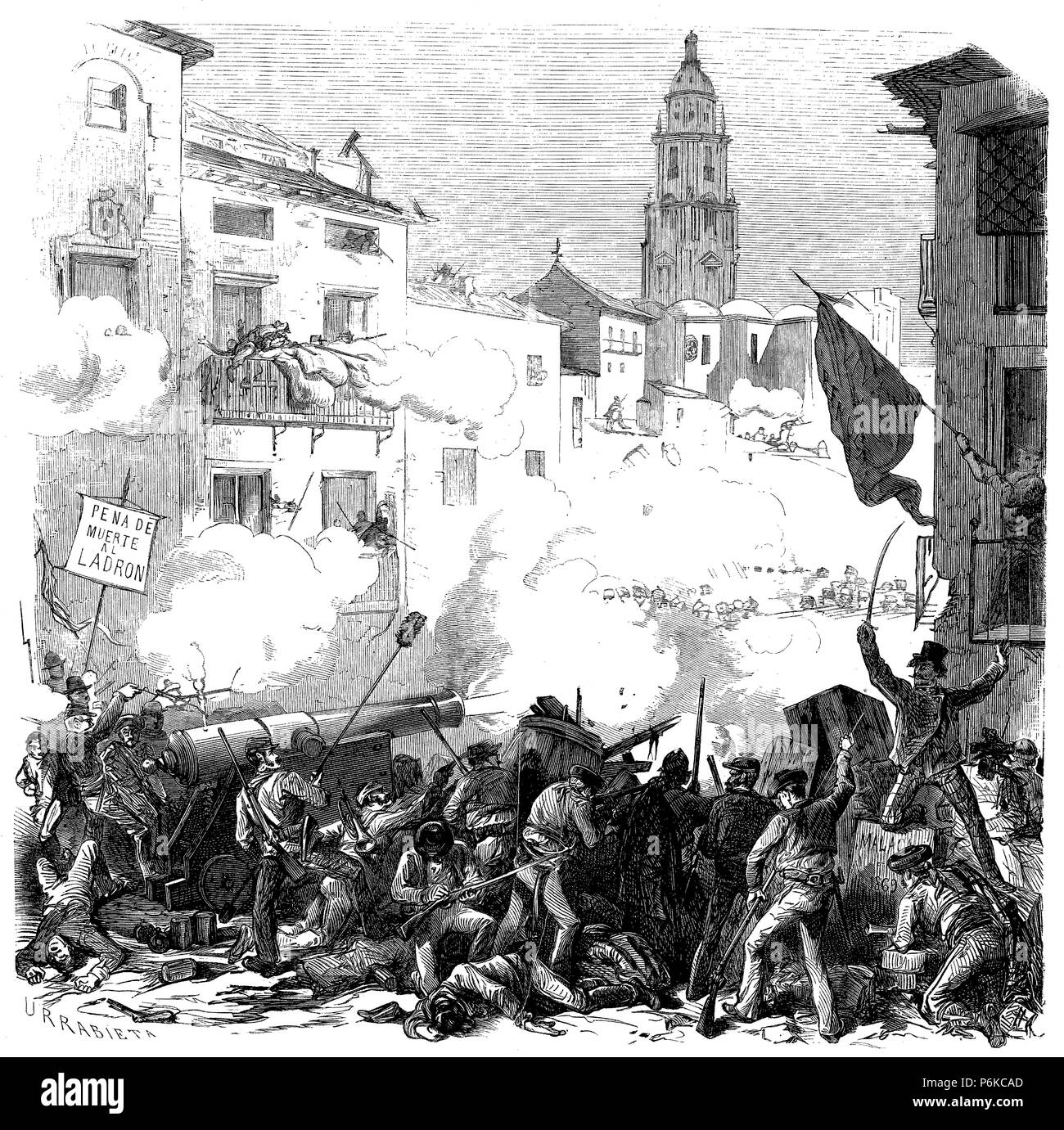 Revuelta popular en las calles de Málaga con motivo del reclutamiento de quintas con destino a África. Grabado de 1868. Stock Photo