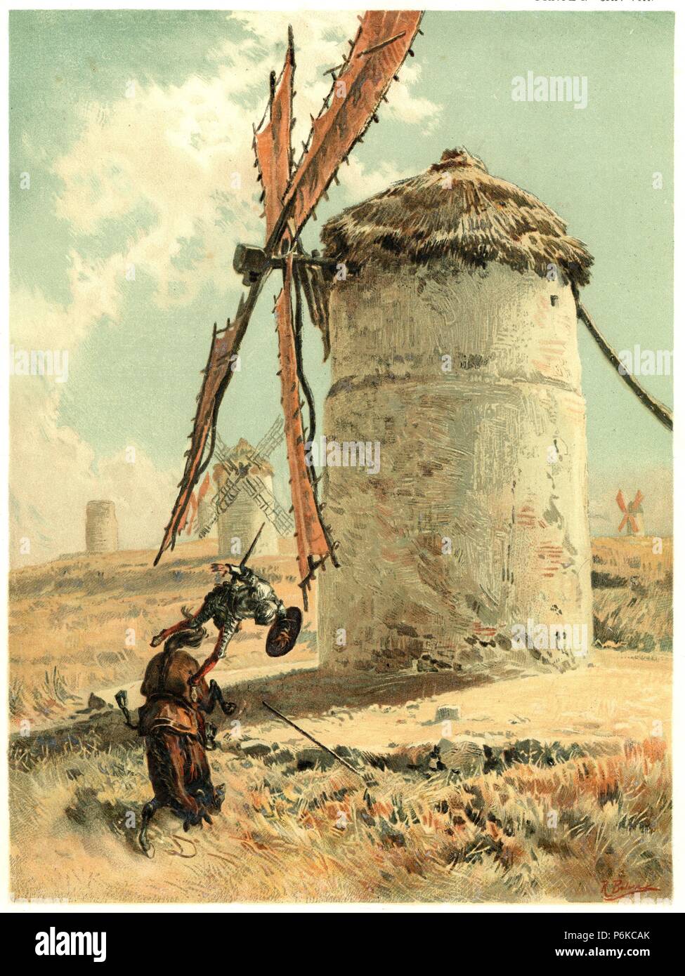 Don Quijote de la Mancha luchando contra los molinos de viento. Dibujo de R. Balaca. Años 1910. Stock Photo