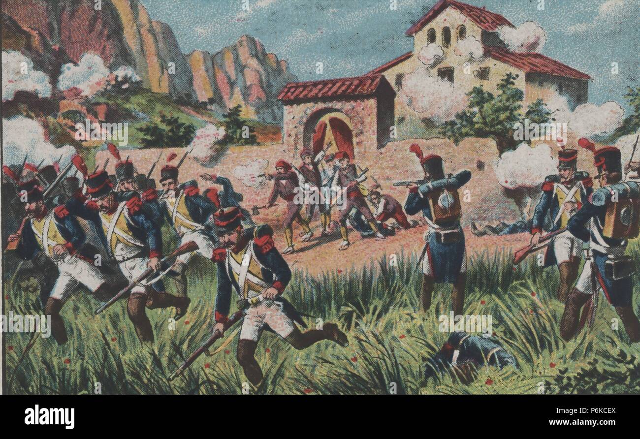 Guerra de la independencia. Año 1808. Los franceses son rechazados en casa Massana, en el Bruc (Barcelona). Stock Photo